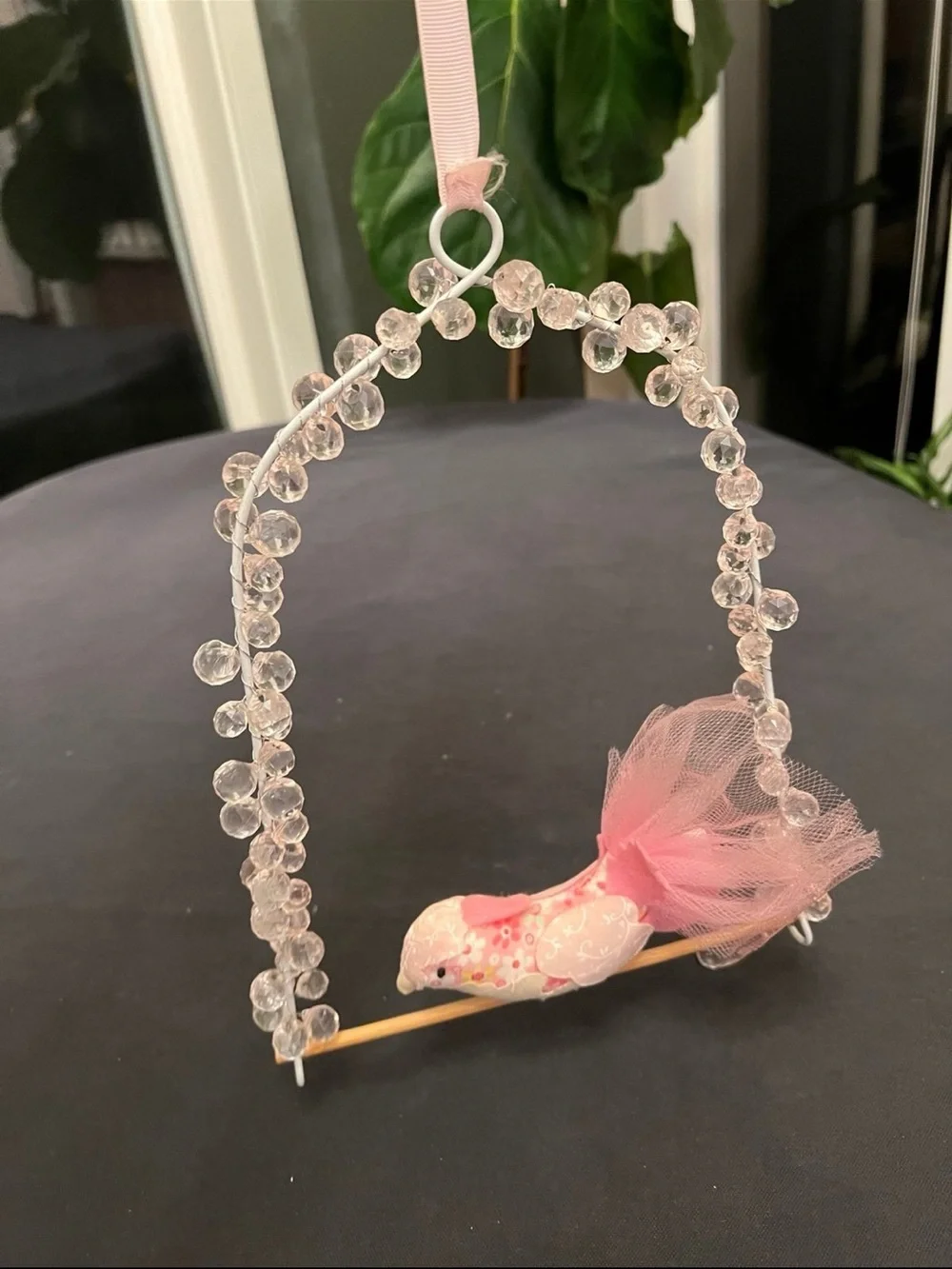 Hanging crystal and plush bird perch embellished mobile ceiling decor y2k